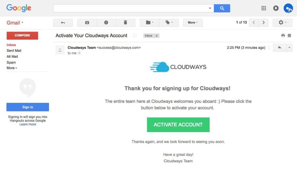 Guide d’installation d’un hébergement WordPress géré sur le cloud avec Cloudways 5 Email d'activation de la part de CloudWays