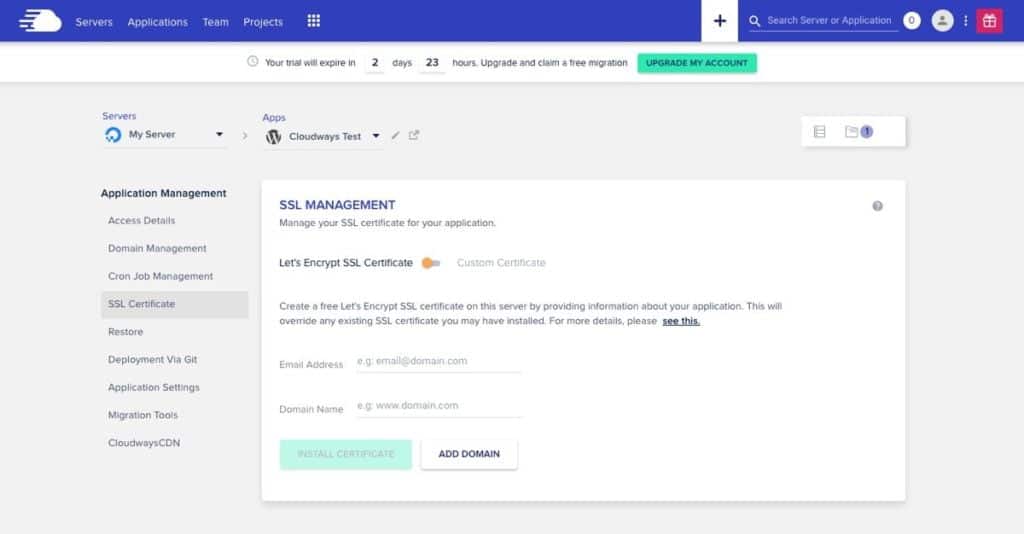 Guide d’installation d’un hébergement WordPress géré sur le cloud avec Cloudways 20 Gestion SSL