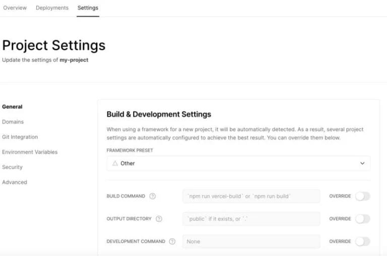 5 étapes pour créer des applications WordPress avec Frontity 11 L'écran « Paramètres du projet » de Vercel.
